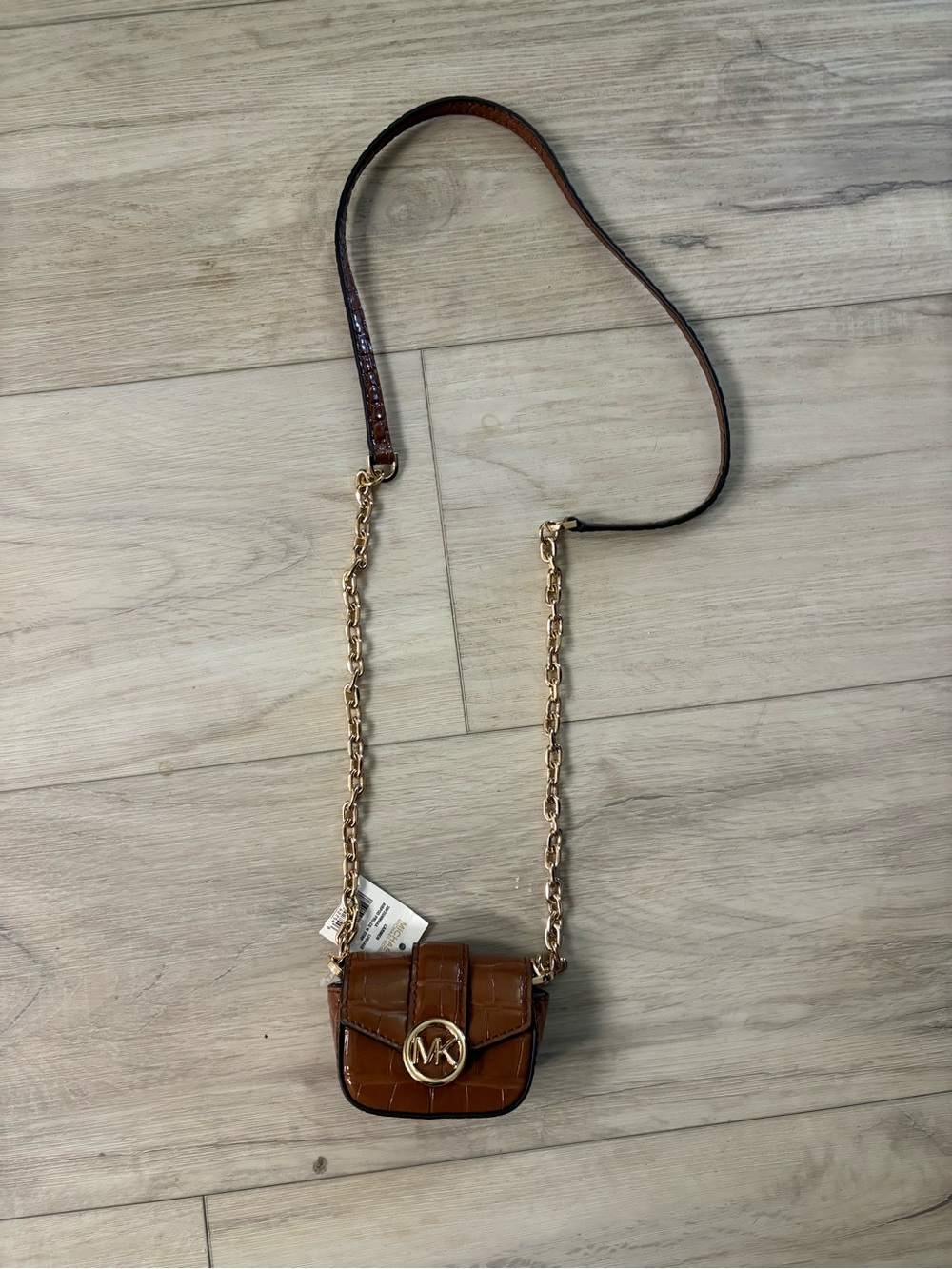 Michael Kors Brown Croc-Embossed Airpod Case with Gold Chain